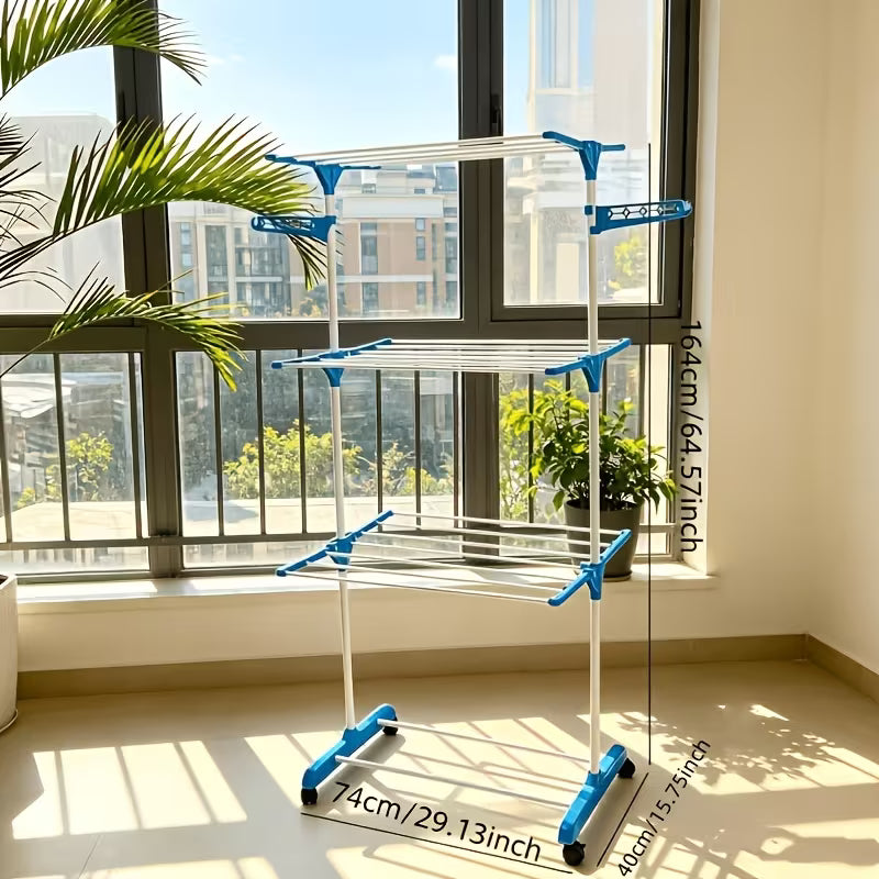 Tendedero de ropa plegable de 3 niveles con alas laterales – Acero inoxidable blanco y azul