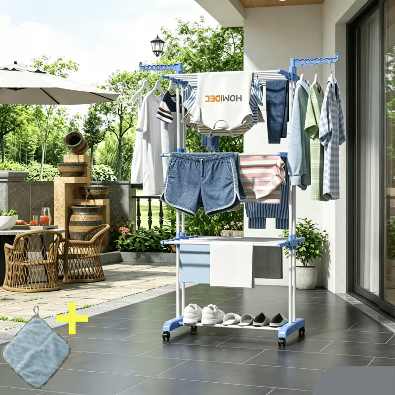 Tendedero de ropa plegable de 3 niveles con alas laterales – Acero inoxidable blanco y azul