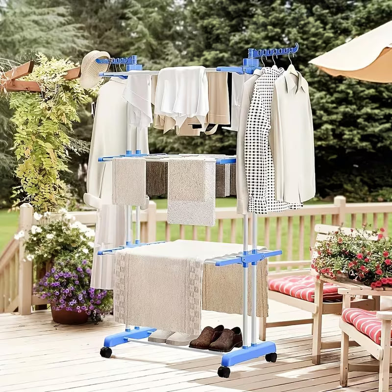 Tendedero de ropa plegable de 3 niveles con alas laterales – Acero inoxidable blanco y azul